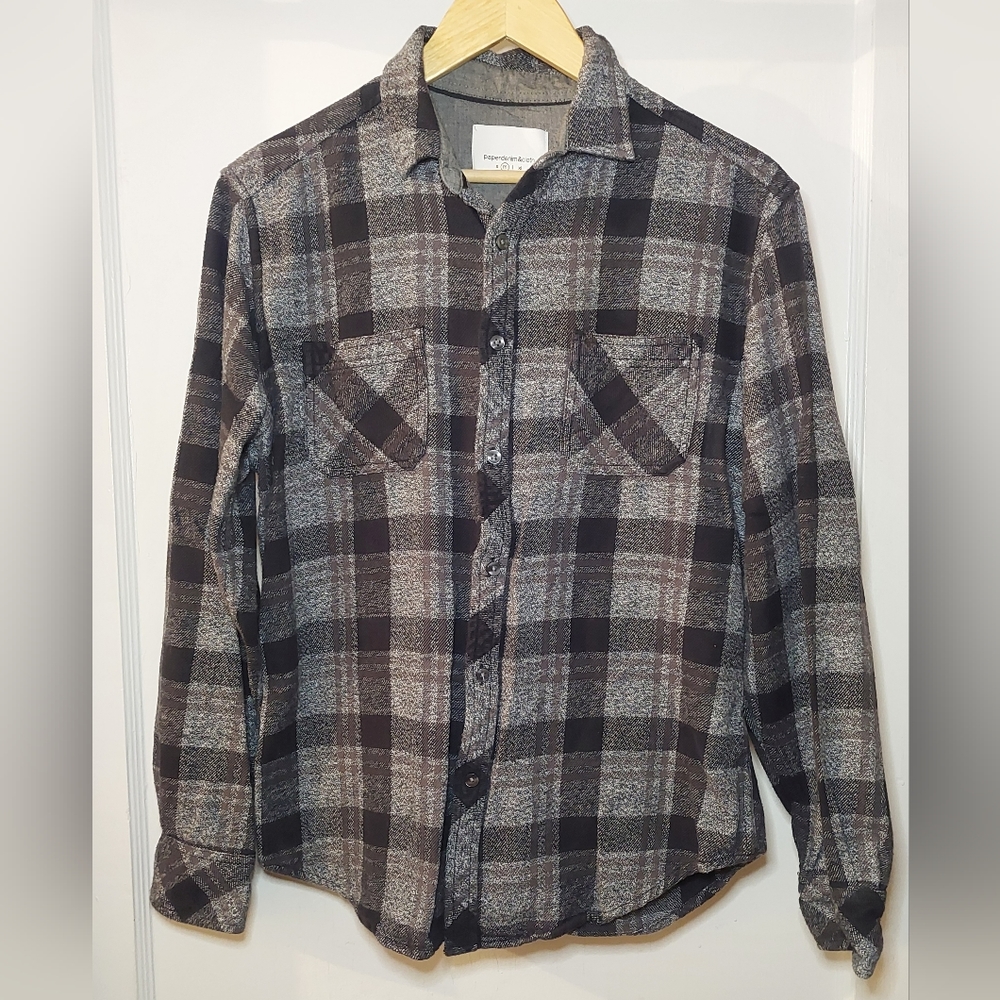 Paper Denim Cloth Mens Shirt Gray Plaid Flannel Button Up Long Sleeve Top